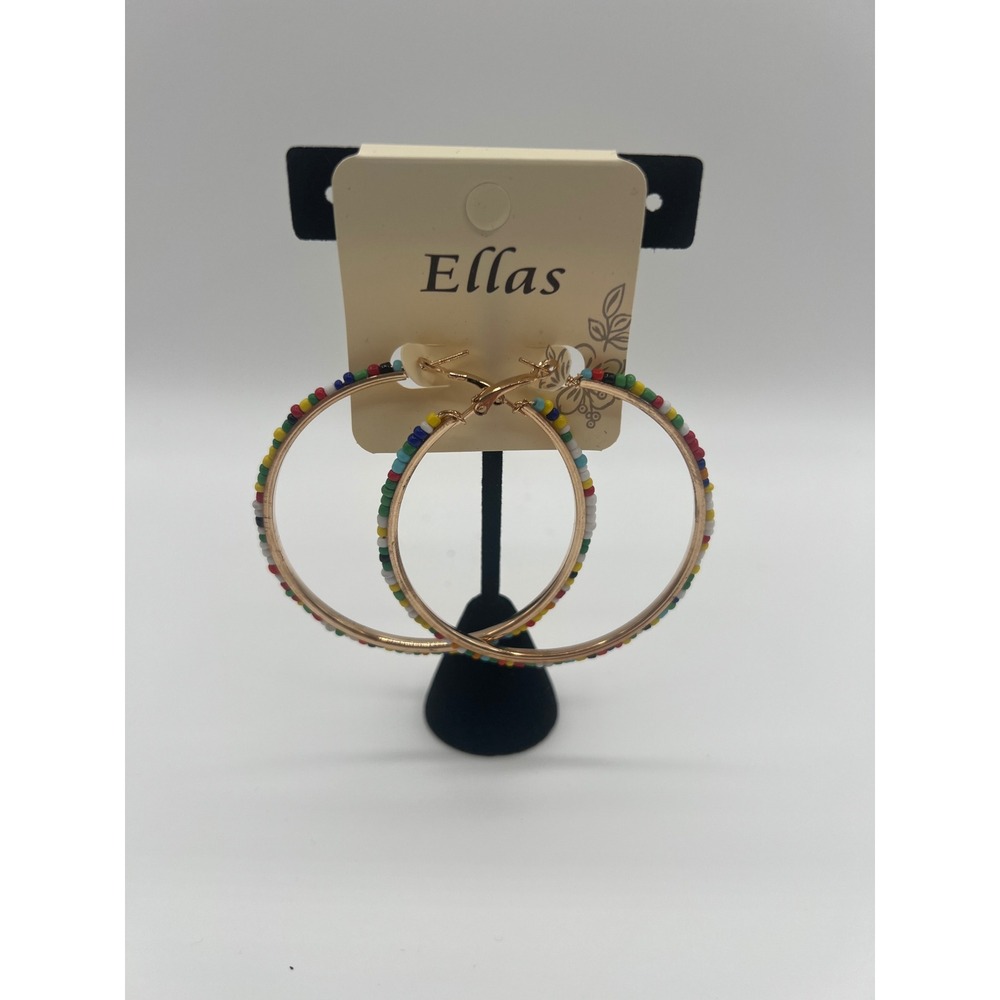Ellas Gold Tone Multicolored Seed Bead Hoop Earrings Boho Festival Jewelry